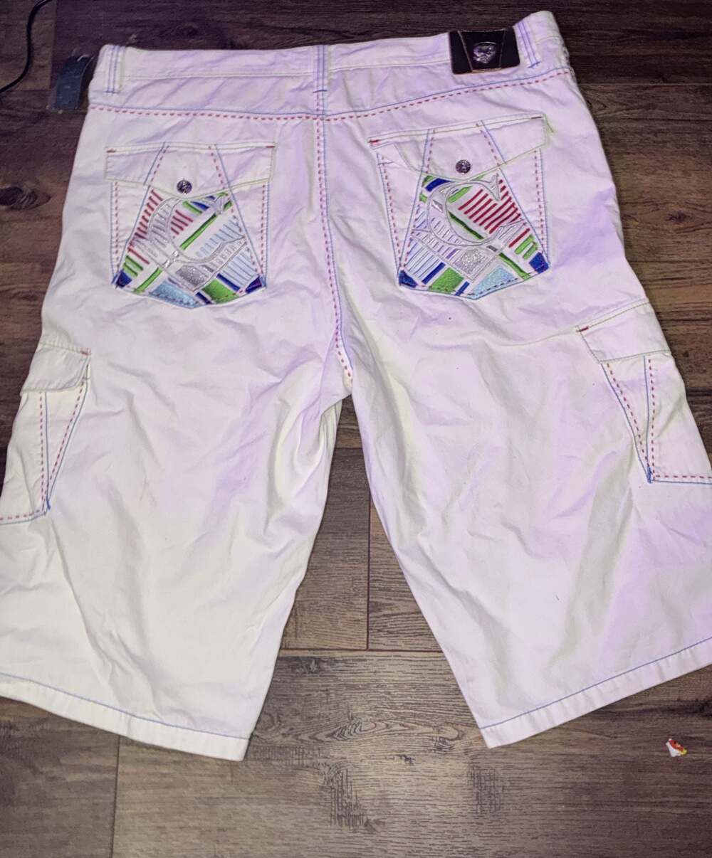 Coogi Cargo Shorts White Embroidered with Rainbow Stitching and Logo Pockets
